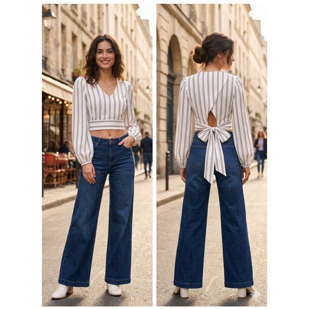 NWT* JOA Striped Cropped Balloon Sleeve Tie Back Chic Blouse White Brown Women M